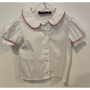 White Peter Pan collar shirt with red trim